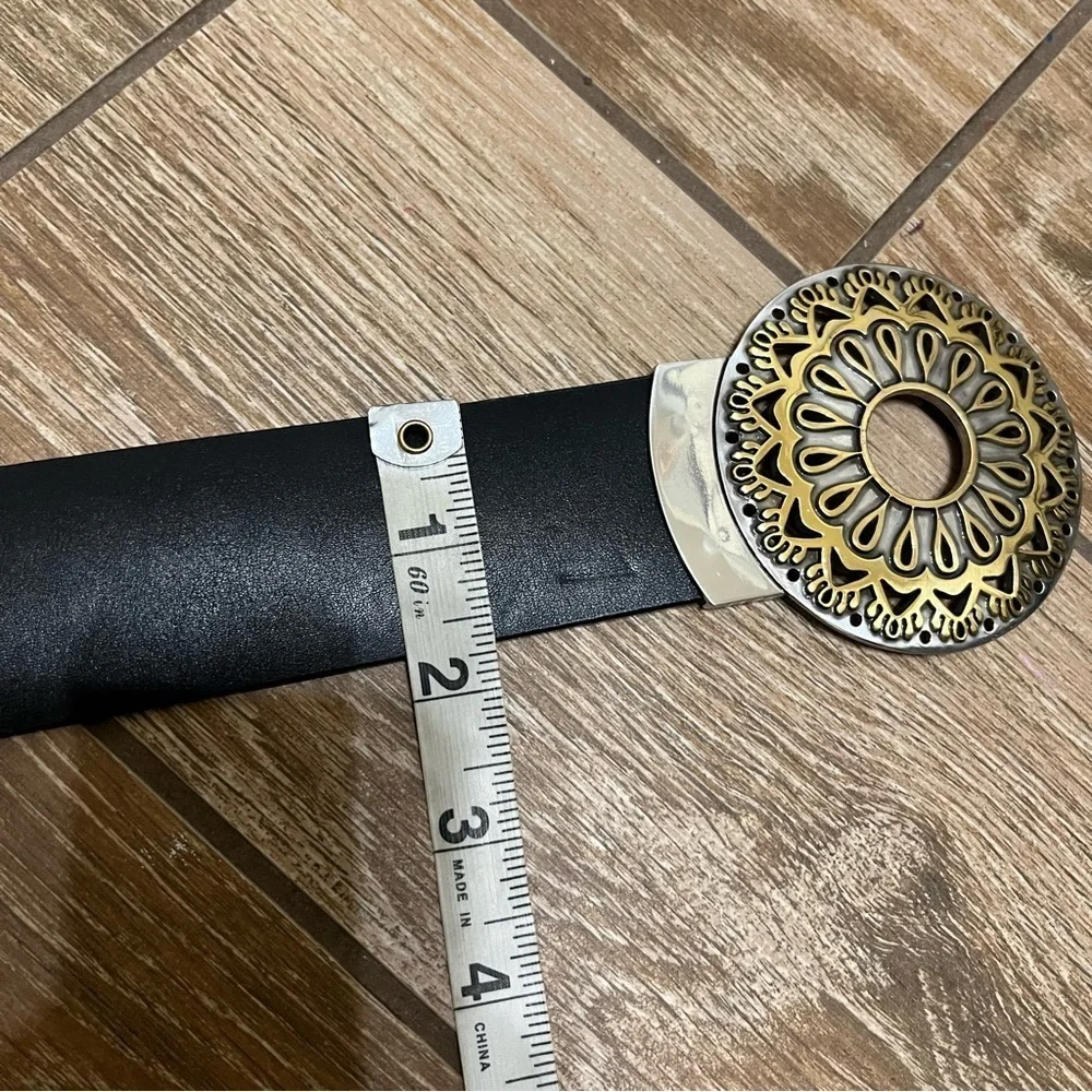 Chico’s Black Wide Leather Adjustable Belt Silver Gold Circle Buckle